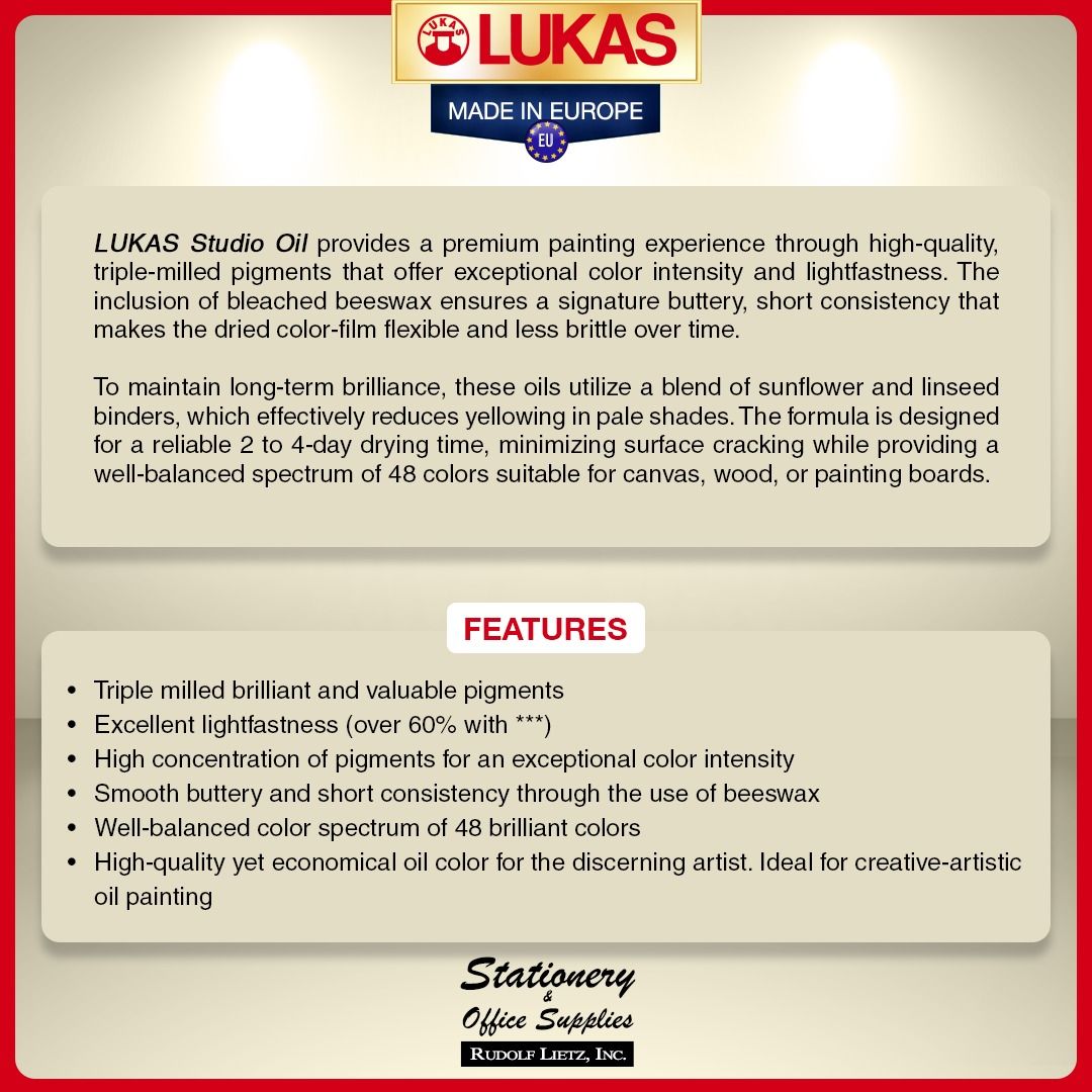 LUKAS Studio Oil Paint 37ml - Caput Mortuum (Category: Art & Prints) located in Paranaque City. Submitted by rudolflietzinc (Listing ID 1467458905, Image 2). Description: - Brand: LUKAS Studio - Type: Oil Paint Tube, 37ml - Color: Caput Mortuum (Pigment Code: PR101) - Texture: Buttery consistency from triple-milled pigments and bleached beeswax - Formulation: Sunflower and linseed oil binders to minimize yellowing - Surfaces: Ideal for canvas, wo
