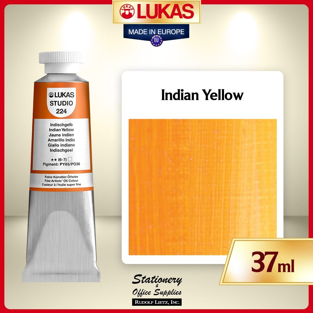 Lukas Studio Oil Paint 37ml - Indian Yellow (Category: Art & Prints) located in Paranaque City. Submitted by rudolflietzinc (Listing ID 1467444841, Image 1). Description: - Brand: Lukas Studio Oil Paint - Color: Indian Yellow (Shade 224) - Size: 37ml tube - Pigment Codes: PY83 and PO36 - Formula: Triple-milled with bleached beeswax for a buttery texture and flexible film - Origin: Made in Europe by Rudolf Lietz, Inc..