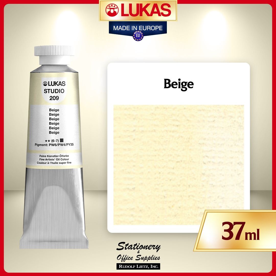 Lukas Studio Oil Paint Beige 37ml (Category: Art & Prints) located in Paranaque City. Submitted by rudolflietzinc (Listing ID 1467444334, Image 1). Description: - Brand/Color: Lukas Studio Oil Paint in Beige - Size: 37ml tube, proudly made in Europe - Quality: Triple-milled pigments with bleached beeswax for a smooth, buttery feel - Performance: Reliable 2 to 4-day drying time - Formula: Sunflower and linseed binders prevent yellowing in pale sha