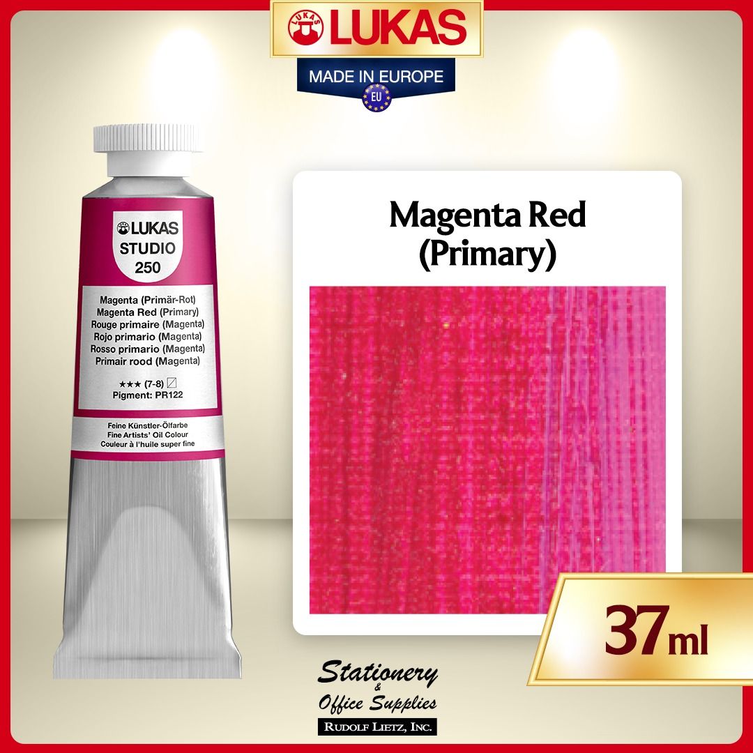 LUKAS Studio Oil Paint Magenta Red 37ml (Category: Art & Prints) located in Paranaque City. Submitted by rudolflietzinc (Listing ID 1467449510, Image 1). Description: - Brand: LUKAS Studio Oil Paint - Color: Magenta Red Primary - Size: 37ml tube - High pigment concentration with triple-milled pigments and bleached beeswax - Blended with sunflower and linseed binders to reduce yellowing - Reliable 2 to 4-day drying time - Made in Europe by Rudolf 