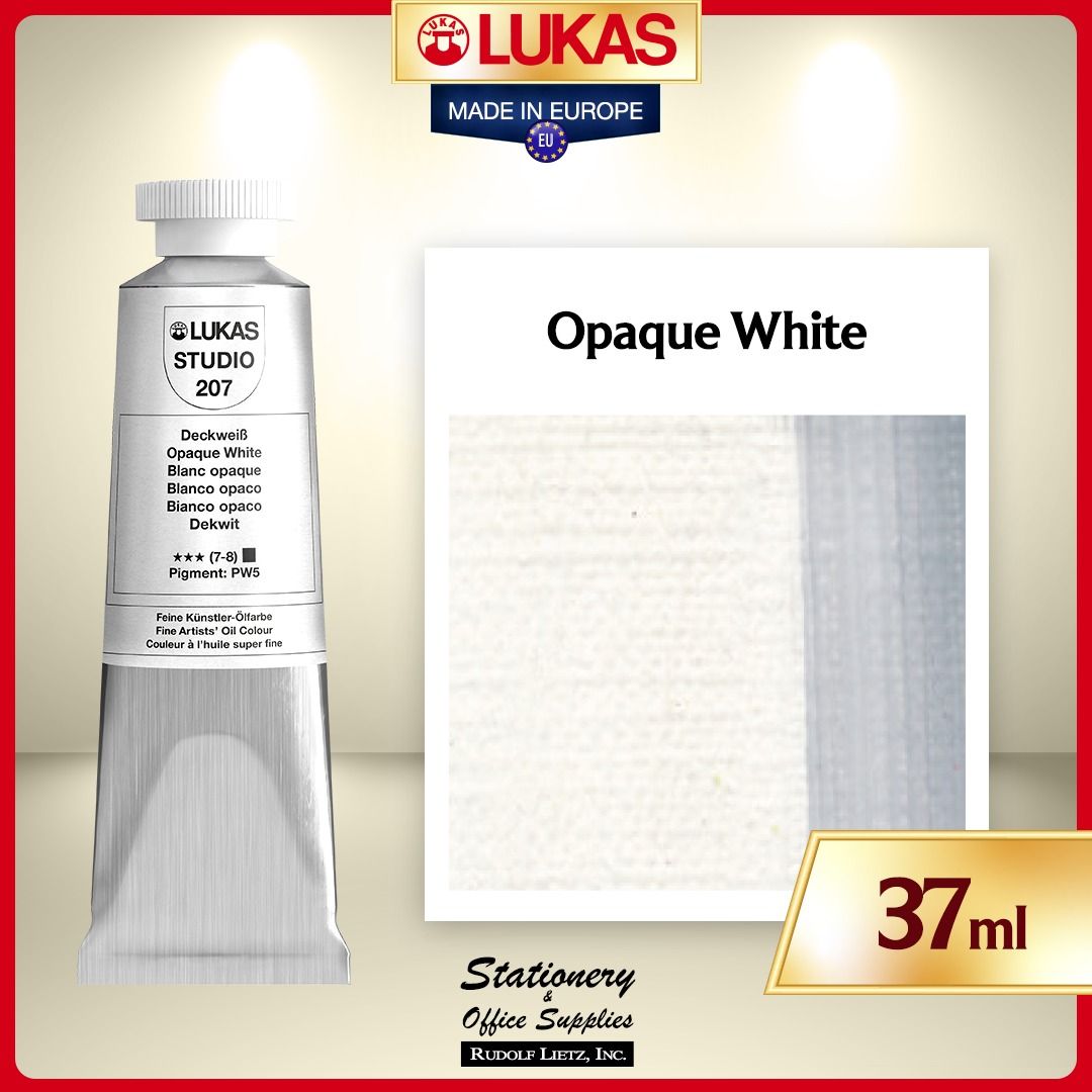 LUKAS Studio Oil Paint Opaque White 37ml (Category: Art & Prints) located in Paranaque City. Submitted by rudolflietzinc (Listing ID 1467444089, Image 1). Description: - Brand/Color: LUKAS Studio Oil Paint in Opaque White - Size: 37ml tube - Consistency: Buttery and flexible, made with bleached beeswax and triple-milled pigments - Formula: Sunflower and linseed binders to prevent yellowing in pale shades - Drying Time: Reliable 2 to 4 days - Orig