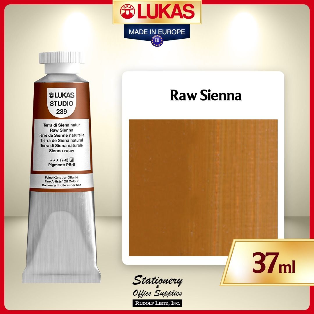 Lukas Studio Oil Paint Raw Sienna 37ml (Category: Art & Prints) located in Paranaque City. Submitted by rudolflietzinc (Listing ID 1467449368, Image 1). Description: - Brand: Lukas Studio - Color: Raw Sienna (37ml tube) - Origin: Made in Europe - Texture: Smooth, buttery consistency with added beeswax - Quality: Triple-milled pigments with high lightfastness - Binders: Sunflower and linseed oils to prevent yellowing - Drying Time: Reliable 2 to 4