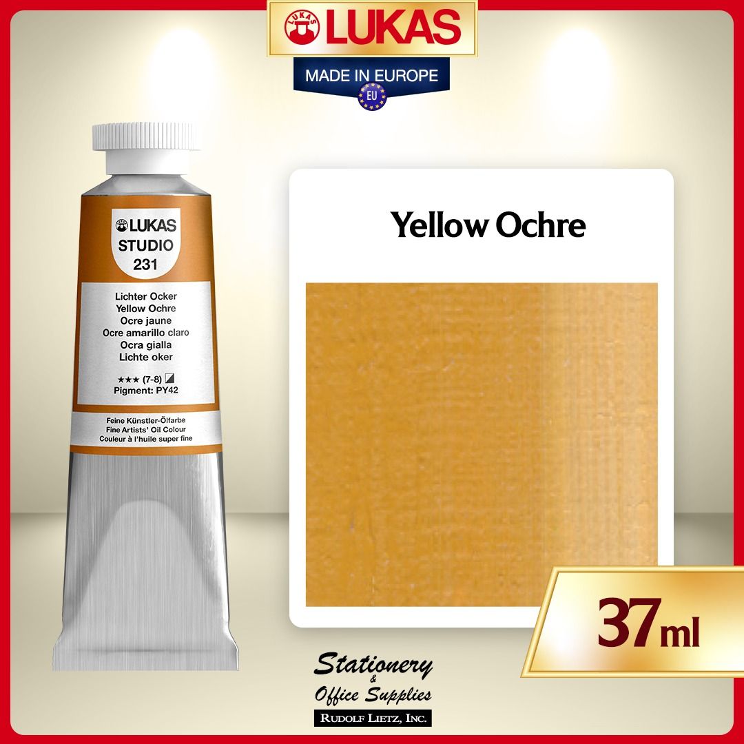 LUKAS Studio Oil Paint Yellow Ochre 37ml (Category: Art & Prints) located in Paranaque City. Submitted by rudolflietzinc (Listing ID 1467448680, Image 1). Description: - Authentic LUKAS Studio Oil Paint - Yellow Ochre, 37ml tube - Made in Europe featuring high-quality triple-milled pigments and bleached beeswax - Smooth and buttery consistency for effortless application on canvas or wood - Excellent color intensity with a high lightfastness ratin