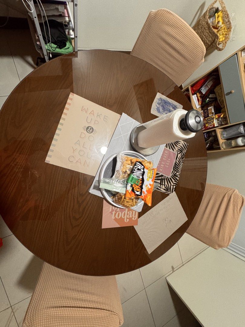 Mandaue Foam Alexander 4-Seater Round Dining Set (Category: Tables & Sets) located in Marikina City. Submitted by marissmhc08 (Listing ID 1467438974, Image 3). Description: - Item: Mandaue Foam Alexander Round Dining Set with 4 Upholstered Chairs - Usage: 1 year and 3 months (normal wear from daily meals, solid construction) - Materials: Wooden frame with beige fabric seats - Table Dimensions: 120 cm diameter x 76.5 cm height - Chair Dimensions: 
