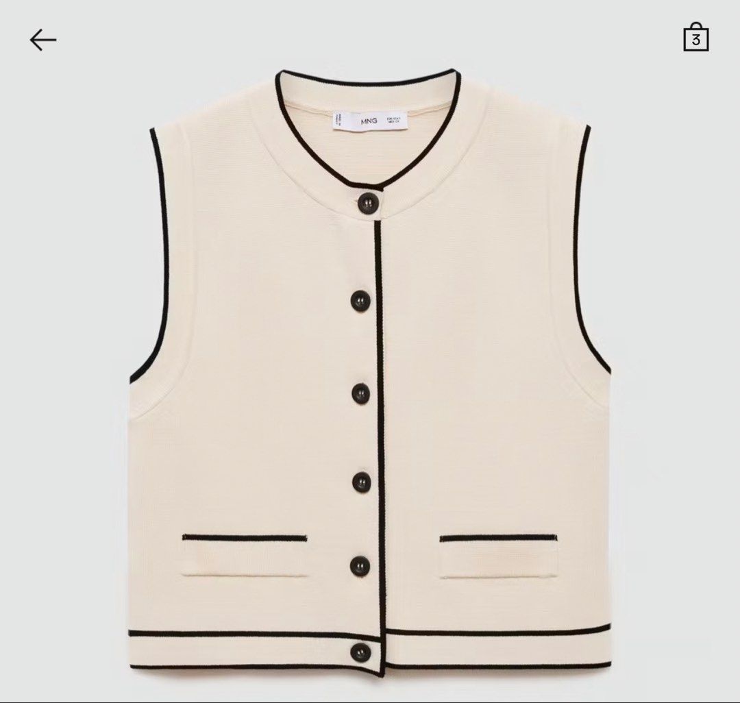 Mango Contrast Knit Vest Size S (Category: Sleeveless) located in Manila. Submitted by southie5 (Listing ID 1467540451, Image 2). Description: - Brand: Mango - Style: Knit vest with black trim details, round neckline, front button closure, and two front pockets - Color: Off-white - Size: S (Made in Turkey) - Condition: Clean, excellent, ready to wear - Perfect layering piece for transitional weather.