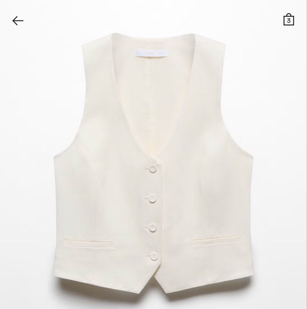 Mango Linen Waistcoat with Buttons White Size S (Category: Sleeveless) located in Manila. Submitted by m.south (Listing ID 1467522553, Image 1). Description: - Brand: Mango - Item: Linen Waistcoat - Color: White - Size: EUR-USA S / MEX CH - Details: Front button closure, two functional welt pockets - Fit: Clean silhouette, versatile for layering or standalone wear - Origin: Made in Vietnam - Condition: Excellent.