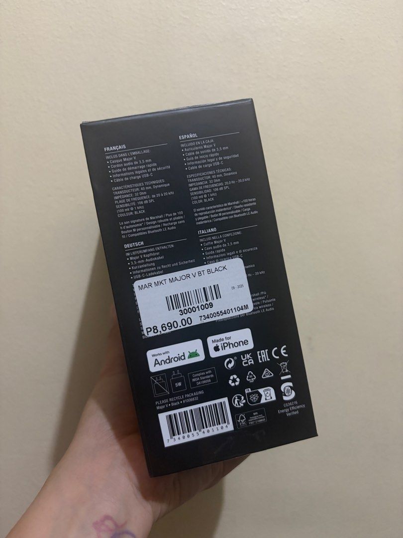 Marshall Major V Wireless On-Ear Headphones (Category: Headphones & Headsets) located in Valenzuela. Submitted by rhen0901 (Listing ID 1467408175, Image 3). Description: - Brand new and sealed Marshall Major V wireless on-ear headphones in classic black - Insane 100+ hours of wireless playtime on a single charge - Supports convenient wireless charging, Bluetooth, and customisable M-button - Rugged, foldable design built for daily use and portabil