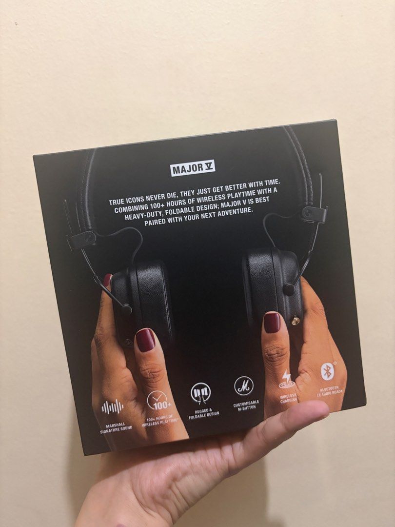 Marshall Major V Wireless On-Ear Headphones (Category: Headphones & Headsets) located in Valenzuela. Submitted by rhen0901 (Listing ID 1467408175, Image 2). Description: - Brand new and sealed Marshall Major V wireless on-ear headphones in classic black - Insane 100+ hours of wireless playtime on a single charge - Supports convenient wireless charging, Bluetooth, and customisable M-button - Rugged, foldable design built for daily use and portabil