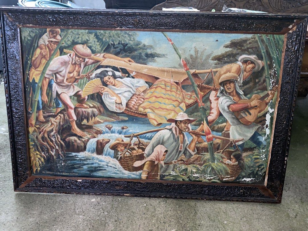 Max Adlao 1953 (Category: Frames & Pictures) located in Malolos. Submitted by jjantiques (Listing ID 1467473554, Image 1). Description: - Subject: Rural Philippine life featuring musicians, a hammock, and a river landscape - Artist & Date: Signed Max Adlao and dated 3-25-53 - Frame: Heavy dark wood textured frame, ready to hang - Condition: Vintage with visible craquelure and paint wear consistent with age - Perfect for vintage art collectors and
