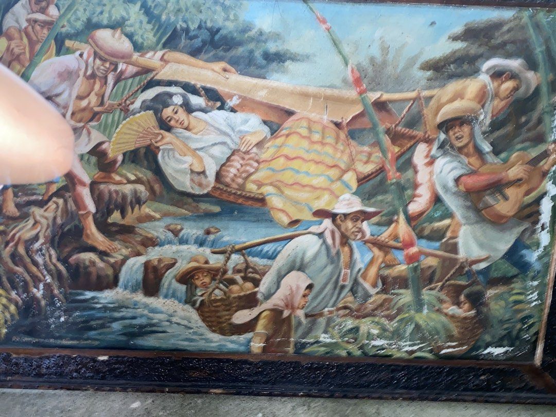 Max Adlao 1953 (Category: Frames & Pictures) located in Malolos. Submitted by jjantiques (Listing ID 1467473554, Image 2). Description: - Subject: Rural Philippine life featuring musicians, a hammock, and a river landscape - Artist & Date: Signed Max Adlao and dated 3-25-53 - Frame: Heavy dark wood textured frame, ready to hang - Condition: Vintage with visible craquelure and paint wear consistent with age - Perfect for vintage art collectors and