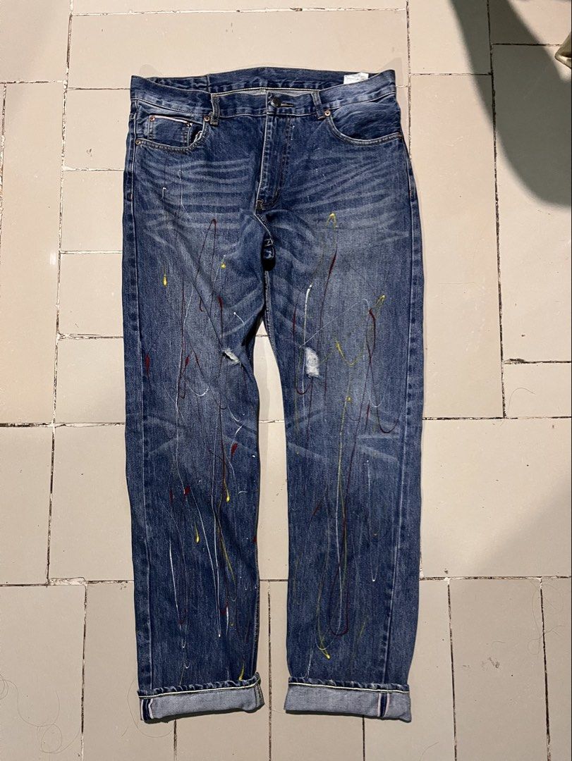 MBBCAR WORKWEAR SELVEDGE PANTS (Category: Jeans) located in Valencia. Submitted by hunterxthrifter (Listing ID 1467542556, Image 1). Description: VINTAGE MBBCAR DESIGN PO YANG PAINT/ HEAVYWEIGHT MAKAPAL TILAA SOLID Waist -36 Length - 42-43 Thigh - 13 Leg open -8.