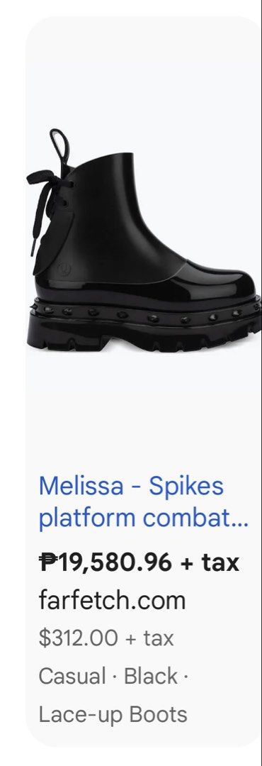 Melissa Spikes Platform Combat Boots Black (Category: Boots) located in Taguig. Submitted by monethambas (Listing ID 1467538369, Image 2). Description: - Brand: Melissa - Style: Platform combat boots in solid black - Material: 100% waterproof jelly construction - Features: Chunky lug sole, edgy spike detailing, thick lace-up closure, and convenient heel pull tab - Vibe: Bold statement footwear, ideal for rainy days or streetwear looks - Condition