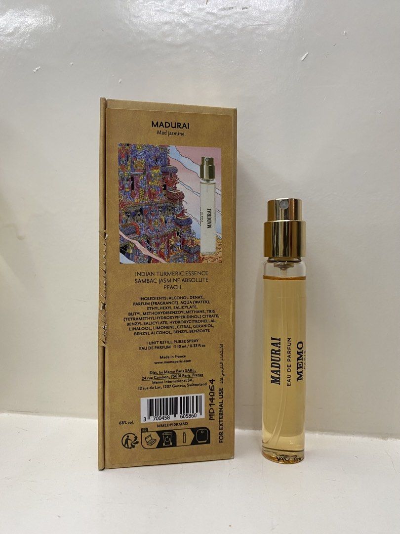 Memo Paris Madurai (Category: Fragrance & Deodorants) located in Mexico. Submitted by happymoby (Listing ID 1467434366, Image 2). Description: Madurai by Memo Paris is a Floral fragrance for women and men. Madurai was launched in 2022. The nose behind this fragrance is Gaël Montero. The fragrance features Jasmine Sambac, Indian Jasmine, Egyptian Jasmine, Peach, Indian Tuberose, Marigold, Turmeric, Clary Sage, Australian Sandalwood, Suede and Sici