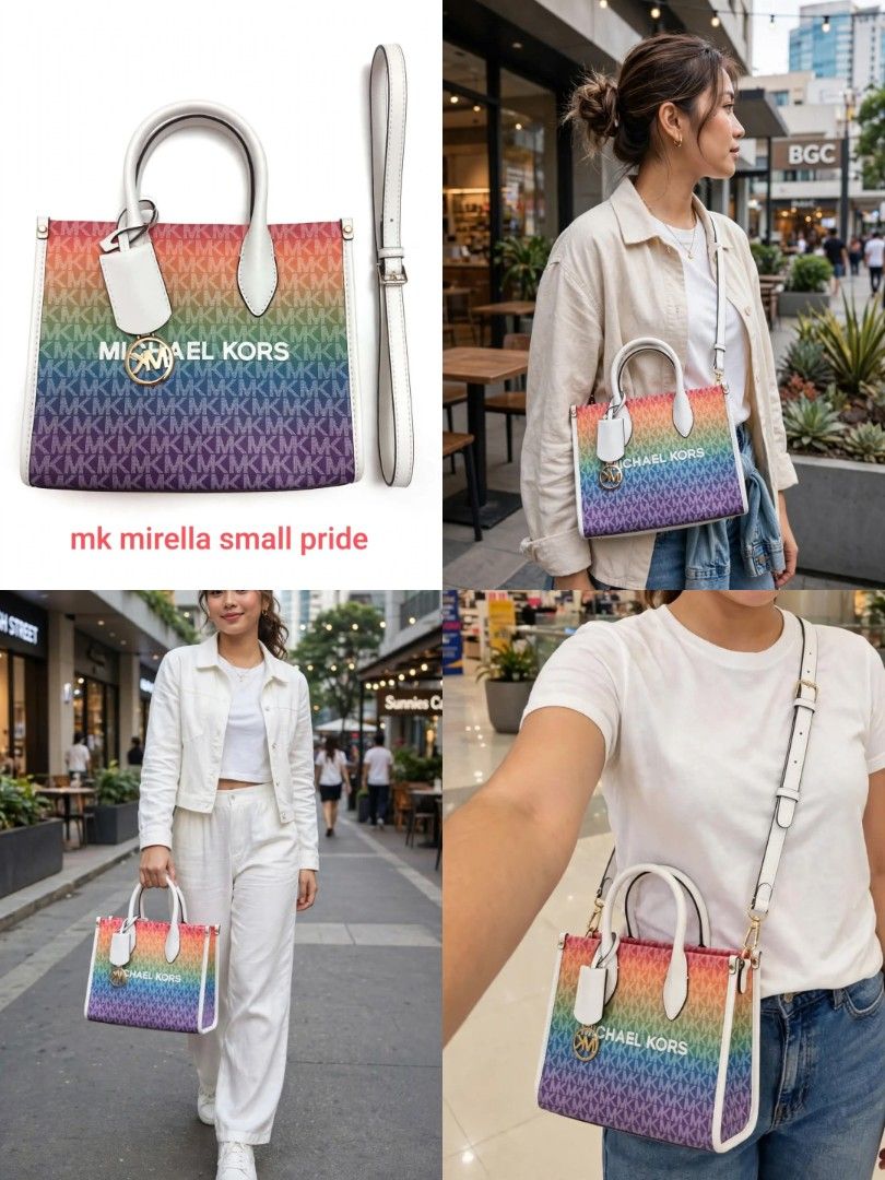 Michael Kors Mirella Small Pride Handbag (Category: Luxury Bags & Wallets) located in Imus. Submitted by jmakati22717201 (Listing ID 1407622923, Image 1). Description: - Michael Kors Mirella Small Pride handbag - Vibrant rainbow pattern - Top handle and detachable shoulder strap - Includes a white tag with brand and model - Interior lined with pink fabric - Gold-tone logo charm.