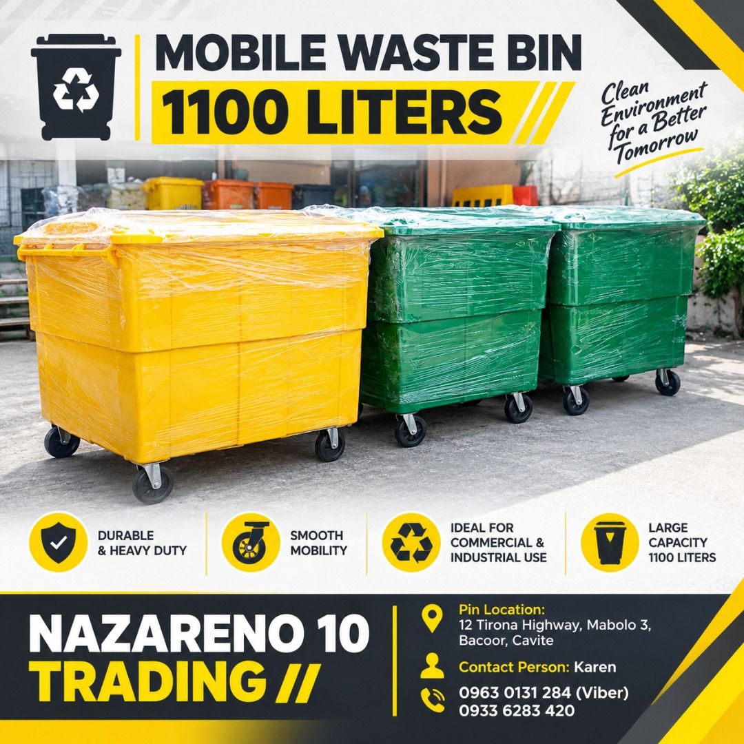 Mobile Waste Bin 1100 liters (Category: Looking For) located in Bacoor. Submitted by kajezame.2021 (Listing ID 1467416482, Image 1). Description: Mobile Waste Bin 1100 liters For More Details and Discount Contact Ms. Karen NAZARENO 10 TRADING 0963 0131 284 0933 6283 420 0956 7028 557 0933 8559 510 Landline: Look for Ms. Karen (046 ) 416 3920 Also available: • Traffic cone • Parking Block stopper • Hooded trash bin • Road Plastic Barrier • Spill b
