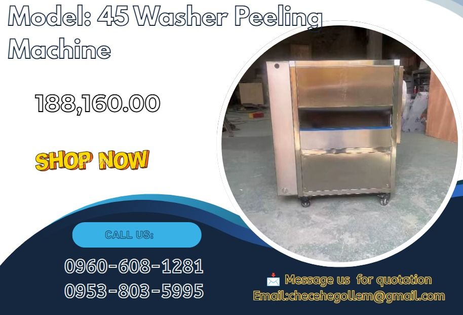 Model: 45 Washer Peeling Machine (Category: Everything Else Others) located in Caloocan City. Submitted by 09513227950 (Listing ID 1467447825, Image 1). Description: - Model: 45 - Power: 0.75 kW - Net weight: 75 kg - Hourly output: 150 kg/h - Batch capacity: 10–12 kg - Dimensions (L × W × H): 700 × 600 × 700 mm - Number of brushes: 8 - Brush length: 450 mm - Brush diameter: 80 mm .