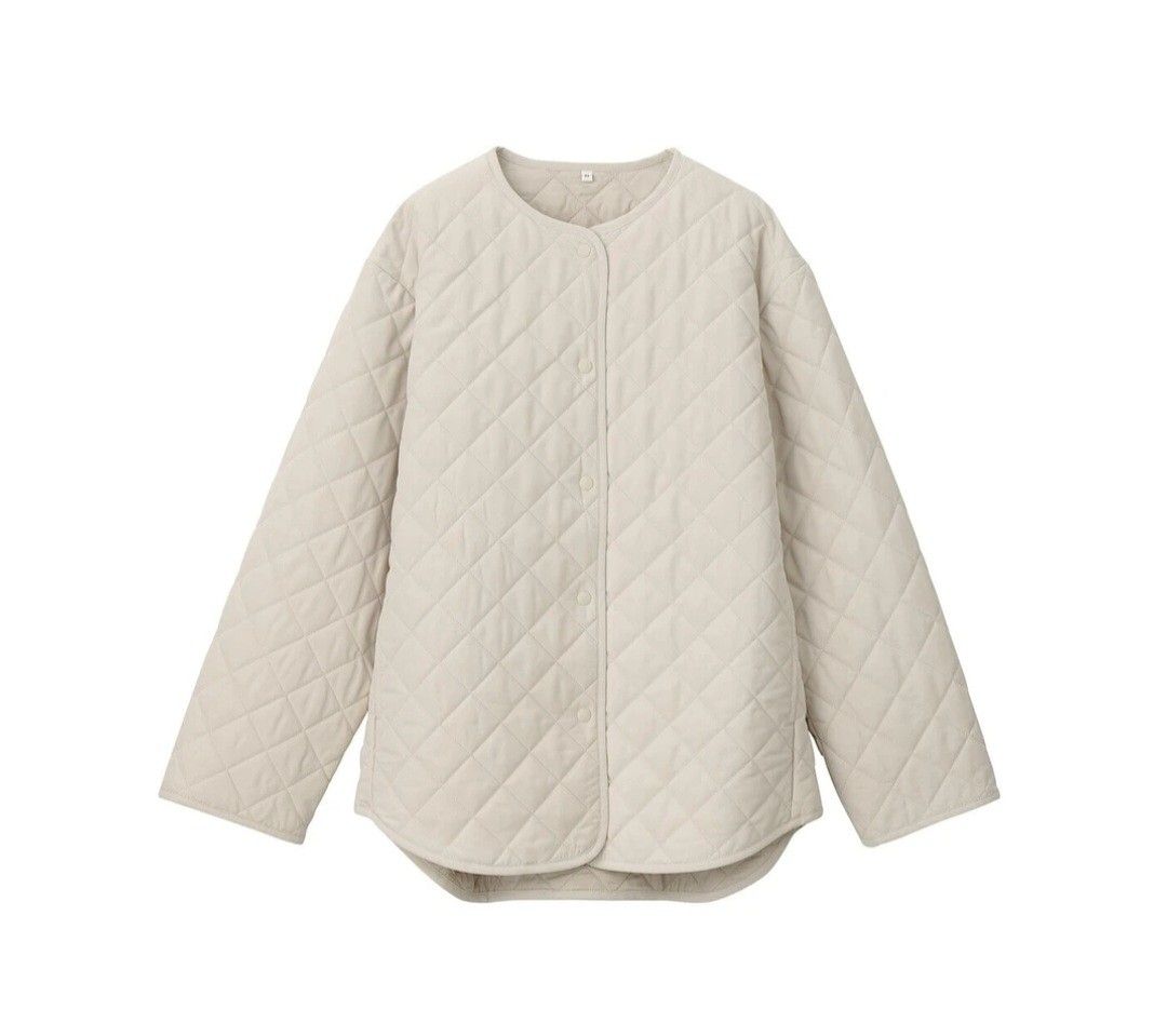 Muji Padded Quilted Jacket (Category: Coats, Jackets and Outerwear) located in San Juan City. Submitted by marie_d_r (Listing ID 1467510972, Image 2). Description: - Color: Versatile beige - Size: Medium (M) - Style: Lightweight quilted jacket with front button closures - Design: Long sleeves and classic round neckline - Condition: Clean, no noticeable marks or wear - Easy to pair with any outfit.