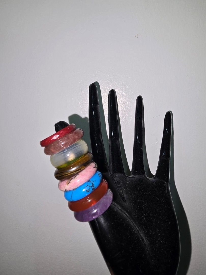 Natural Stone Band/Bangle Rings (Category: Rings) located in Santa Rosa. Submitted by crystal1.0 (Listing ID 1467526570, Image 2). Description: 1. Amethyst - 300 2. Tigers eye - 300 3. Cinnabar - 300 4. Red Agate - 300 5. Turquoise veins - 390 6. Strawberry Quartz - 350 7. Agate thick - 300 8. Rhodonite - 380 Sizes: fit to 6 and 7.