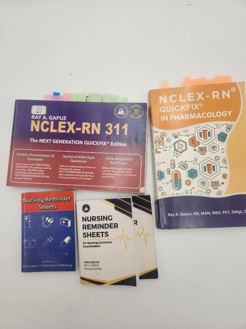 NCLEX-RN Review Books (Category: Textbooks) located in Las Pinas. Submitted by assortedbuys (Listing ID 1467421335, Image 1). Description: - Bundle includes: NCLEX-RN Quickfix 311 and Pharmacology review books by Ray A. Gapuz - Bonus: Includes Nursing Reminder Sheets - Study aids: Pre-marked with helpful sticky notes and bookmarks on key pages - Content: Clean pages with highlighted key points and practice questions - Condition: Well-maintained, 
