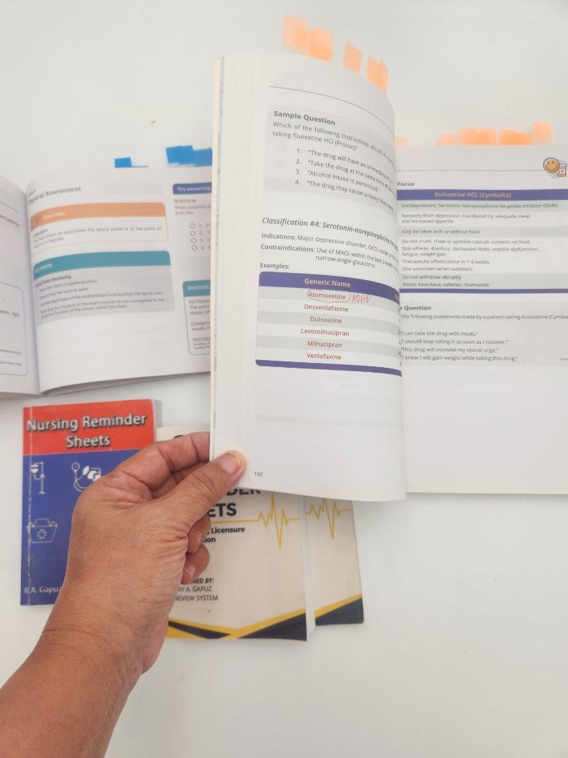 NCLEX-RN Review Books (Category: Textbooks) located in Las Pinas. Submitted by assortedbuys (Listing ID 1467421335, Image 3). Description: - Bundle includes: NCLEX-RN Quickfix 311 and Pharmacology review books by Ray A. Gapuz - Bonus: Includes Nursing Reminder Sheets - Study aids: Pre-marked with helpful sticky notes and bookmarks on key pages - Content: Clean pages with highlighted key points and practice questions - Condition: Well-maintained, 