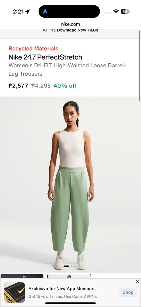 Nike 24.7 Perfect Stretch barrel leg pants (Category: Activewear) located in Manila. Submitted by v2024 (Listing ID 1467414873, Image 1). Description: Small .