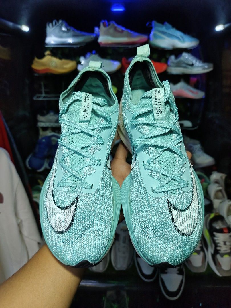 Nike Air Zoom Alphafly Next% 2 Mint Green (Category: Sneakers) located in Bayugan. Submitted by boss_rej (Listing ID 1467524941, Image 3). Description: - Model: Nike Air Zoom Alphafly Next% 2 - Colorway: Mint green with bold black Swoosh - Size: US 7 / EUR 38 - Condition: Clean inside and out, tags and labels completely intact - Key Tech: Atomknit upper, responsive ZoomX foam midsole, and visible forefoot air pods.