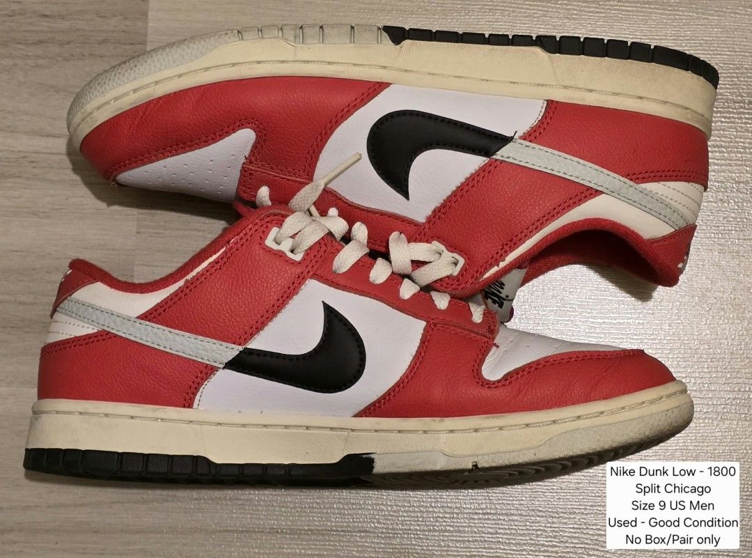 Nike Dunk Low split Chicago (Category: Sneakers) located in Mandaluyong City. Submitted by iamkornik (Listing ID 1467422532, Image 1). Description: - Model: Nike Dunk Low Split Chicago - Size: 9 US Men - Colorway: Red, White, and Black with split Nike swoosh design and cream midsole - Inclusions: Pair only, original box not included .