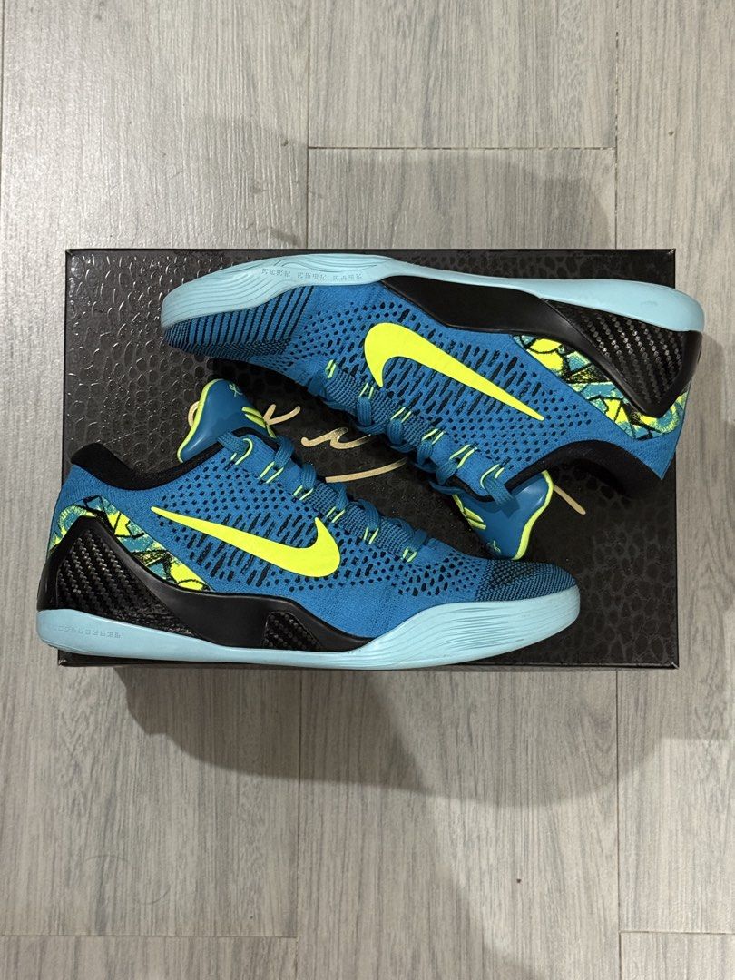 Nike Kobe 9 Elite Hyper Cobalt (Category: Sneakers) located in Bustos. Submitted by sayruso (Listing ID 1467383233, Image 1). Description: - Model: Nike Kobe 9 Elite - Colorway: Blue / Volt (Bright Yellow Swoosh) - Upper: Lightweight and breathable Flyknit - Details: Carbon fiber accents on the heel counter - Inclusion: Comes with original branded shoebox - Condition: Great addition to any basketball shoe collection or Kobe fan.