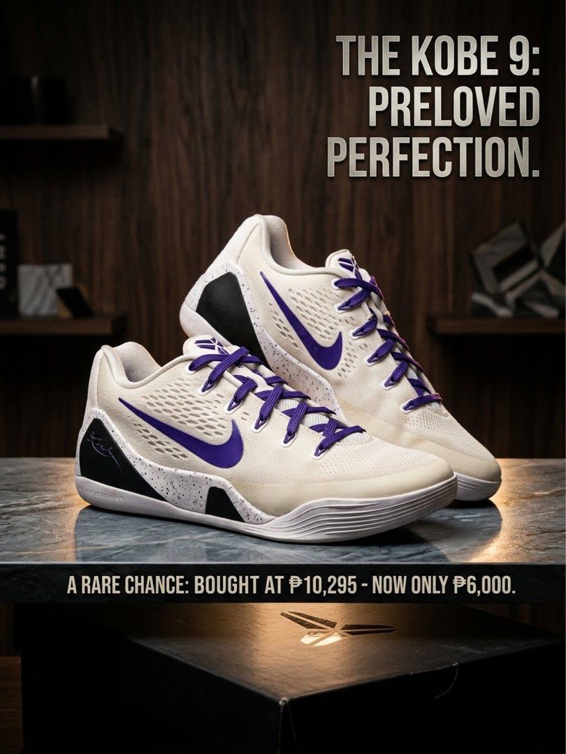 Nike Kobe 9 Low EM Protro (Category: Sneakers) located in Quezon City. Submitted by gmj52018 (Listing ID 1467474966, Image 3). Description: Here is a quick, punchy post updated with your US 10 size: 🔥 STEAL PRICE: Nike Kobe 9 Low EM Protro “Court Purple” 🔥 * Price: ₱6,000 FIXED (Bought for ₱10,295 📉) * Size: US 10 / EU 44 / 28 cm * Condition: Preloved / Slightly used (Clean uppers, strong traction) * Inclusions: Original Box Included 📦 📍 Mee