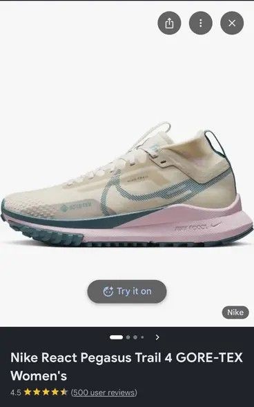 Nike React Pegasus Trail 4 GORE-TEX Women's (Category: Sneakers) located in Dasmarinas. Submitted by preloved_japan_items (Listing ID 1467524824, Image 1). Description: - Brand/Model: Nike React Pegasus Trail 4 GORE-TEX (Women's) - Colorway: Beige and pink with blue accents - Size: US 5 / EUR 35.5 can fit sa size 36 - Features: Waterproof GORE-TEX upper & plush React foam midsole - Condition: Lightly worn, clean treads and uppers - Best for: Trai