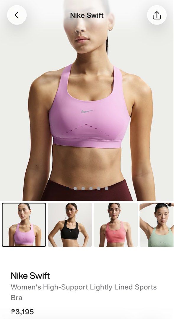 Nike Swift Bra in Light Magenta (Category: Activewear) located in Manila. Submitted by goodjuju_ (Listing ID 1467467288, Image 1). Description: Nike Swift High-Support Sports Bra - Color: Light Magenta - Size: Medium (M) (32C-32E, 34A-34C) - Condition: Brand new with original tags attached, never worn.