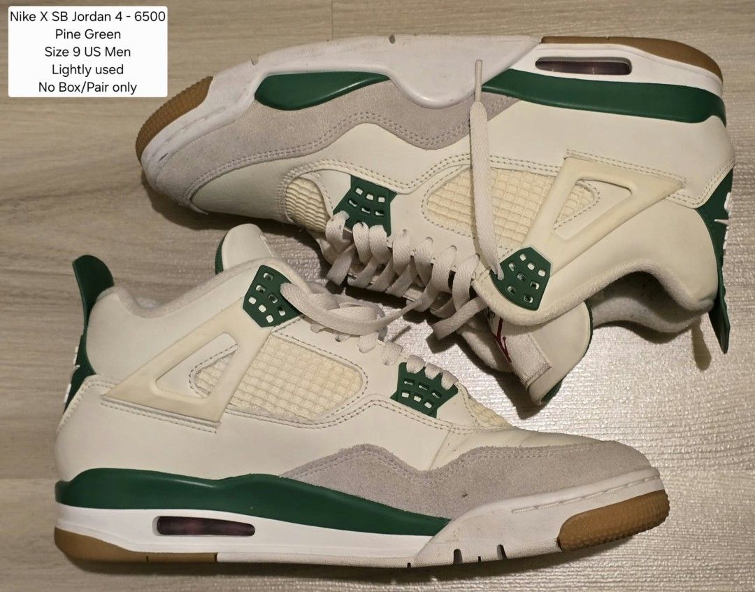 Nike X SB Jordan 4 - Pine Green (Category: Sneakers) located in Mandaluyong City. Submitted by iamkornik (Listing ID 1467428380, Image 1). Description: - Nike SB Jordan 4 Pine Green - Size: US Men's 9 - Condition: Lightly used, no original box.