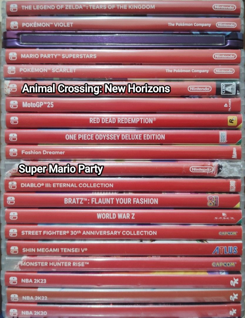 Nintendo Switch Games for Sale/Trade (Category: Nintendo) located in Caloocan City. Submitted by chaemaruu (Listing ID 1452127724, Image 1). Description: WITH CASE: The Legend Of Zelda Tears Of The Kingdom - 1900 Pokemon Violet Steelbook Edition - 1800 Mario Party Superstars - 1700 Pokemon Scarlet - 1600 Animal Crossing: New Horizons - 1600 MotoGp 25 - 1600 Red Dead Redemption - 1600 One Piece Odyssey Deluxe Edition - 1500 Fashion Dreamer - 1500 