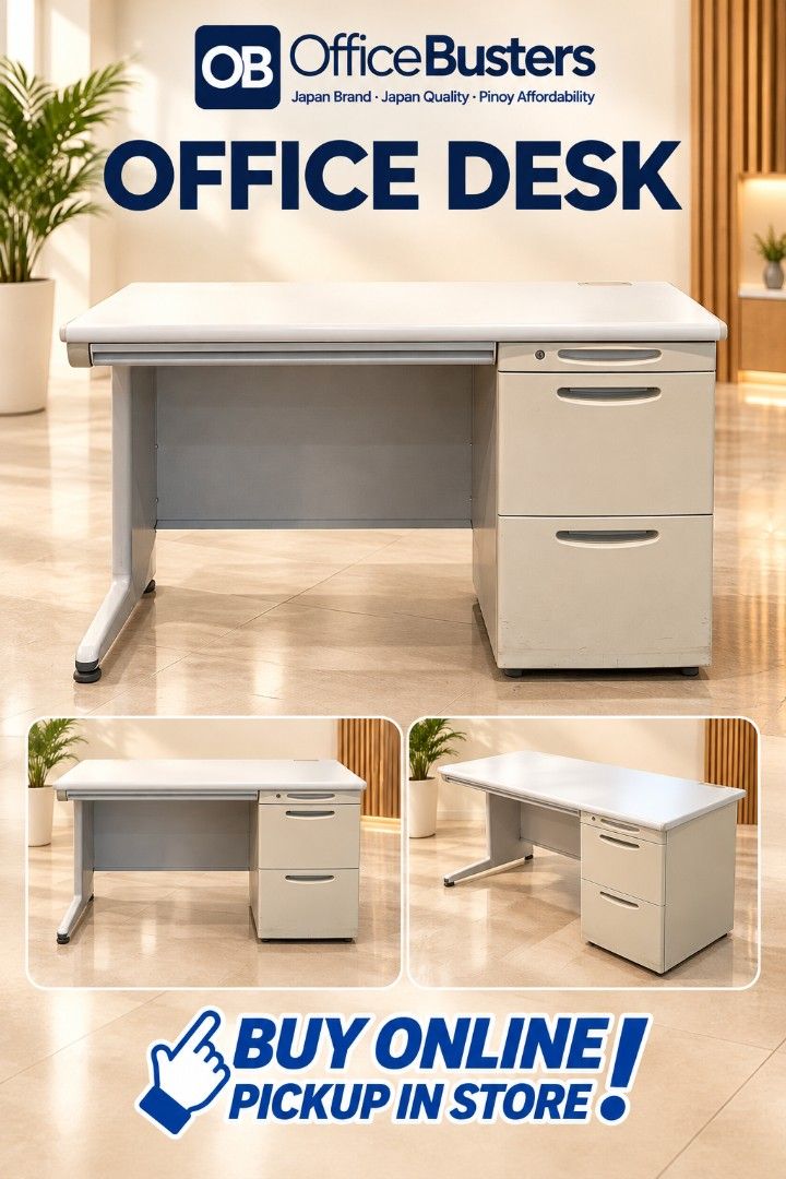 Office Busters Office Desk with Drawers (Category: Office Furniture & Fixtures) located in Quezon City. Submitted by kevinmacabata12997160 (Listing ID 1467365933, Image 1). Description: - Brand: Office Busters - Color/Finish: Light grey top with sturdy metal frame - Storage: Attached multi-drawer cabinet on the right side with built-in lock - Features: Spacious surface for monitors, keyboards, and paperwork - Style: Clean, modern design ideal for