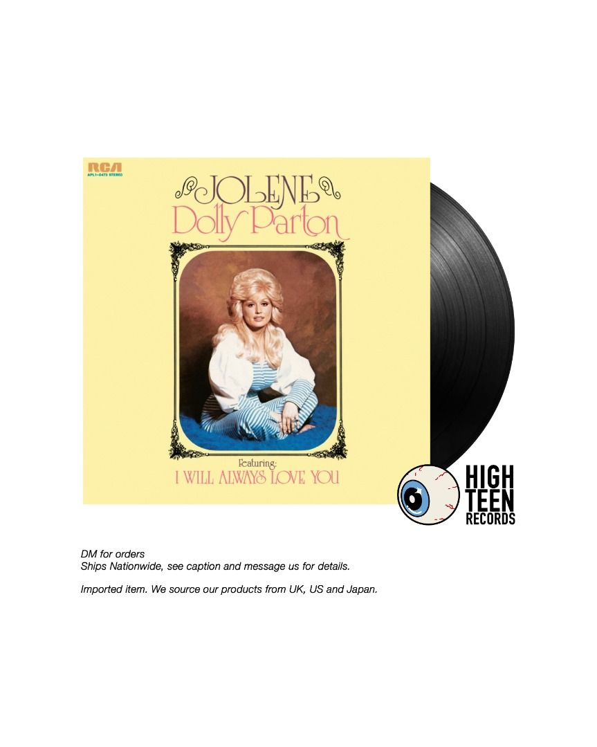 [On Hand] Dolly Parton - Jolene Vinyl Record LP (Category: Vinyls) located in Calamba. Submitted by highteenrecords (Listing ID 1467477363, Image 1). Description: AVAILABLE Dolly Parton - Jolene black vinyl LP We Are Vinyl 2,395 PHP MOP: BPI, BDO, Gcash MOD: J&T Delivery 1- 3 Days (Shipping Fee shouldered by Buyer) Lalamove Same Day Delivery (Booking and Shipping Fee shouldered by Buyer) LOC: Laguna .