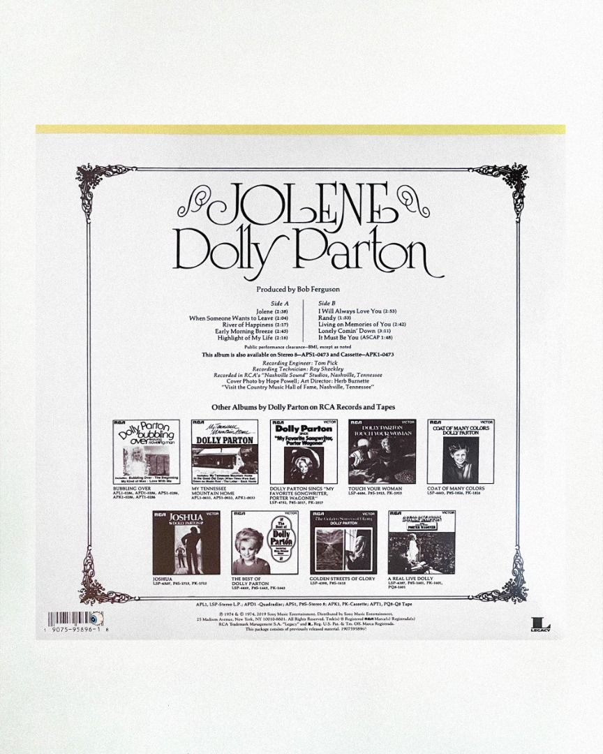 [On Hand] Dolly Parton - Jolene Vinyl Record LP (Category: Vinyls) located in Calamba. Submitted by highteenrecords (Listing ID 1467477363, Image 3). Description: AVAILABLE Dolly Parton - Jolene black vinyl LP We Are Vinyl 2,395 PHP MOP: BPI, BDO, Gcash MOD: J&T Delivery 1- 3 Days (Shipping Fee shouldered by Buyer) Lalamove Same Day Delivery (Booking and Shipping Fee shouldered by Buyer) LOC: Laguna .