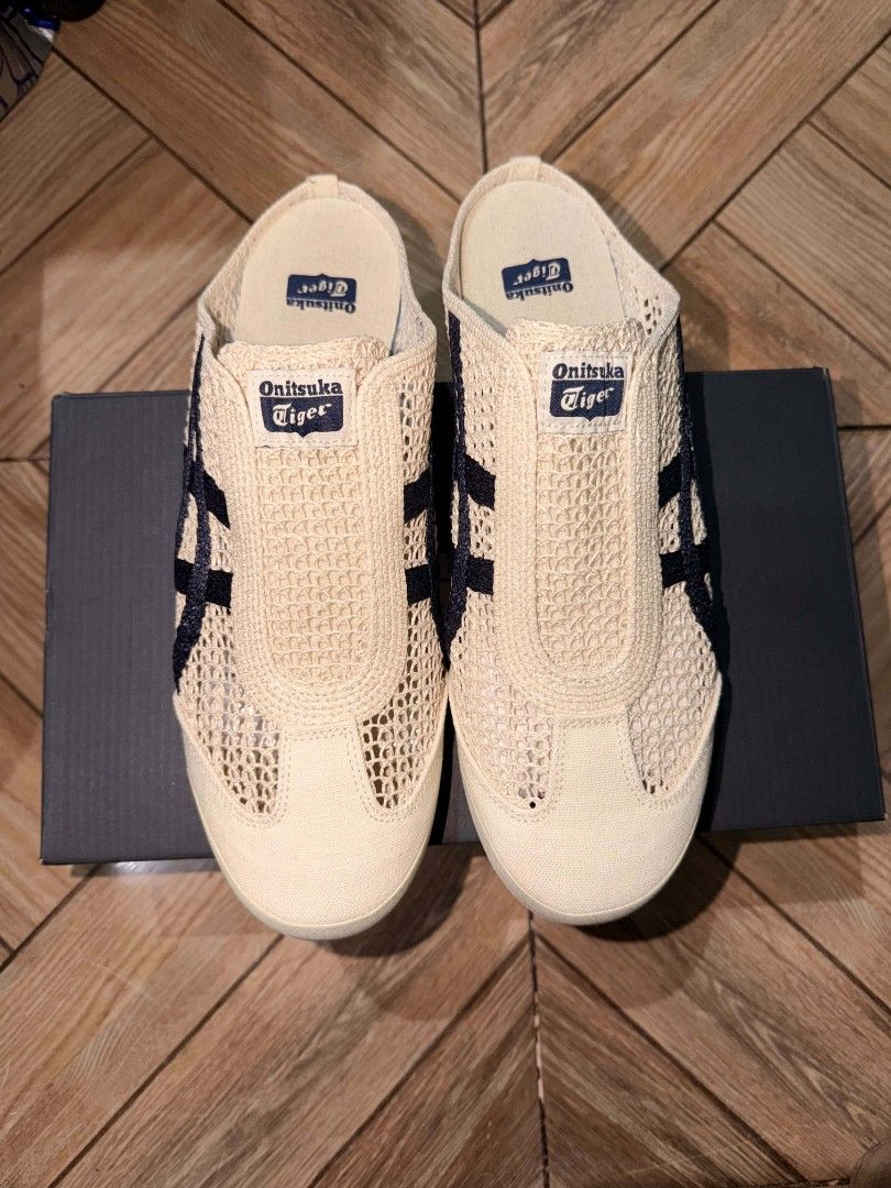 Onitsuka Tiger mexico 66 sabot (Category: Sneakers) located in Quezon City. Submitted by bizzyt (Listing ID 1467365723, Image 1). Description: -brought in japan -Rfs- wrong size -size 11 - Color: Cream with dark navy stripes - Design: Open heel, easy slide-in style - Condition: Clean, zero scuffs or dirt on the soles - Inclusions:Paper bag/ Original black Onitsuka Tiger shoe box.
