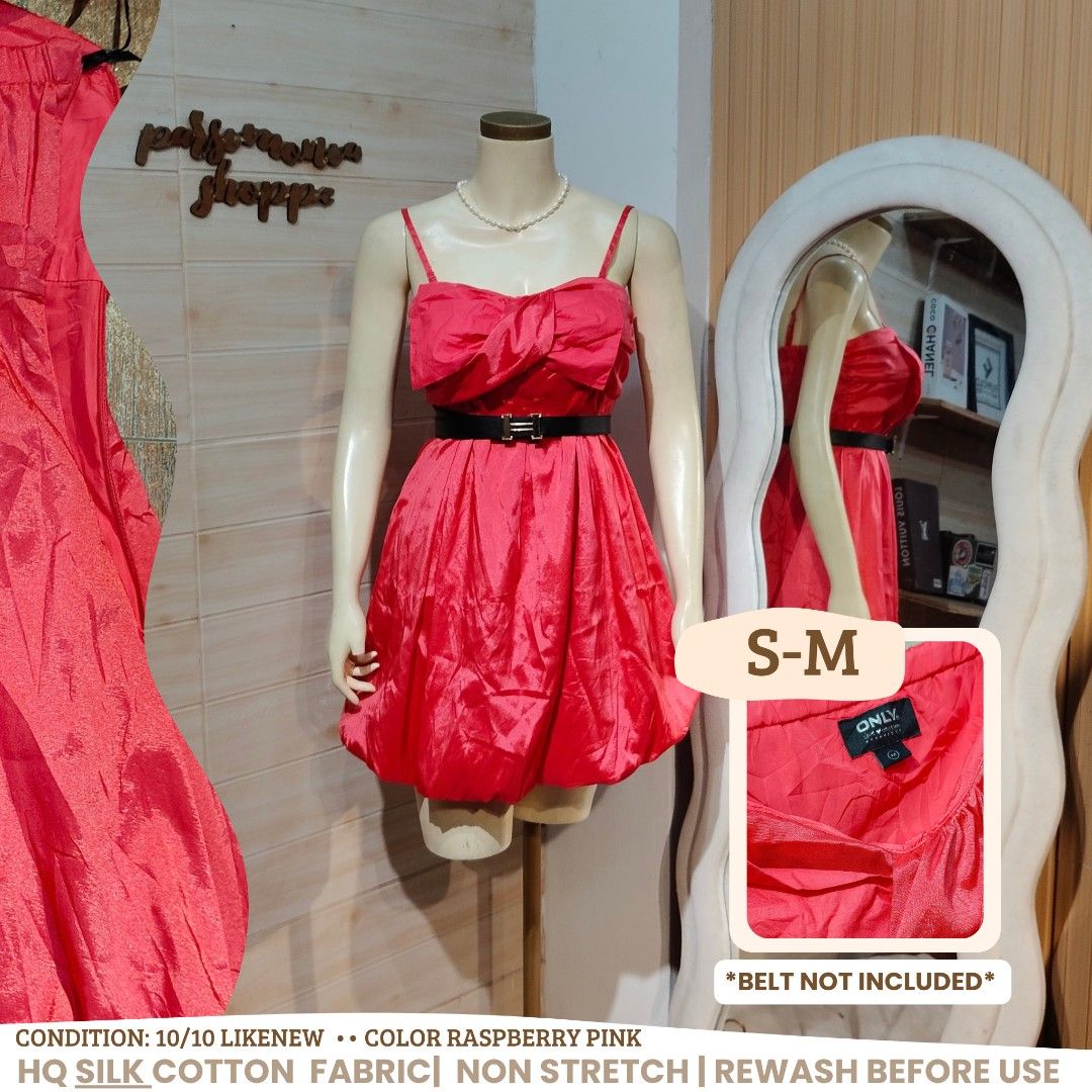 ONLY Raspberry Pink Bubble Cocktail Dress Adjustable strap S-M (Category: Dresses) located in Bulacan. Submitted by alyssarys (Listing ID 1467474109, Image 1). Description: - Brand: ONLY - Color: Bright raspberry pink - Size: Tagged M (best fits S to M) - Material: High-quality silk cotton (non-stretch) - Design: Bubble skirt, sweet bust bow detail, spaghetti straps, sleeveless - Note: Black belt in photos is not included - Care: Please rewash be