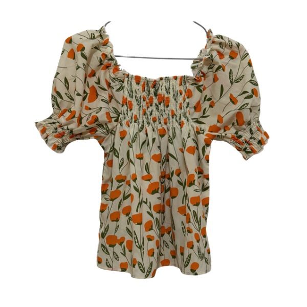 Orange Floral Square Neck Puff Sleeve Blouse (Category: Blouses) located in San Fernando. Submitted by lovingthings1 (Listing ID 1467406250, Image 3). Description: - Cream-coloured blouse with bright orange floral print and green leaves - Square neckline featuring a flattering smocked bodice - Trendy puff sleeves with elasticated cuffs and frilly edges - Loose, flowy fit through the lower half for ultimate comfort - Lightweight cotton fabric, ide