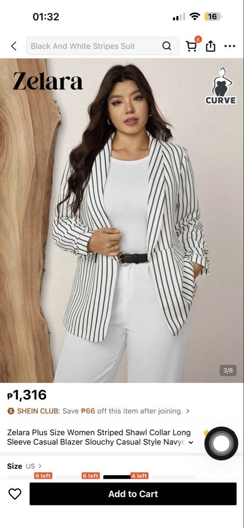 Oversized Striped Casual White Blazer 2XL (Category: Coats, Jackets and Outerwear) located in Quezon City. Submitted by mananglinette (Listing ID 1467566264, Image 3). Description: - Brand: SHEIN Curve - Size: 2XL - Color: White with black vertical stripes - Style: Open front, shawl collar, ruched sleeves, two front pockets - Fabric: Lightweight - Condition: Worn once for try-on, like new - Best for: Everyday office or smart-casual looks.