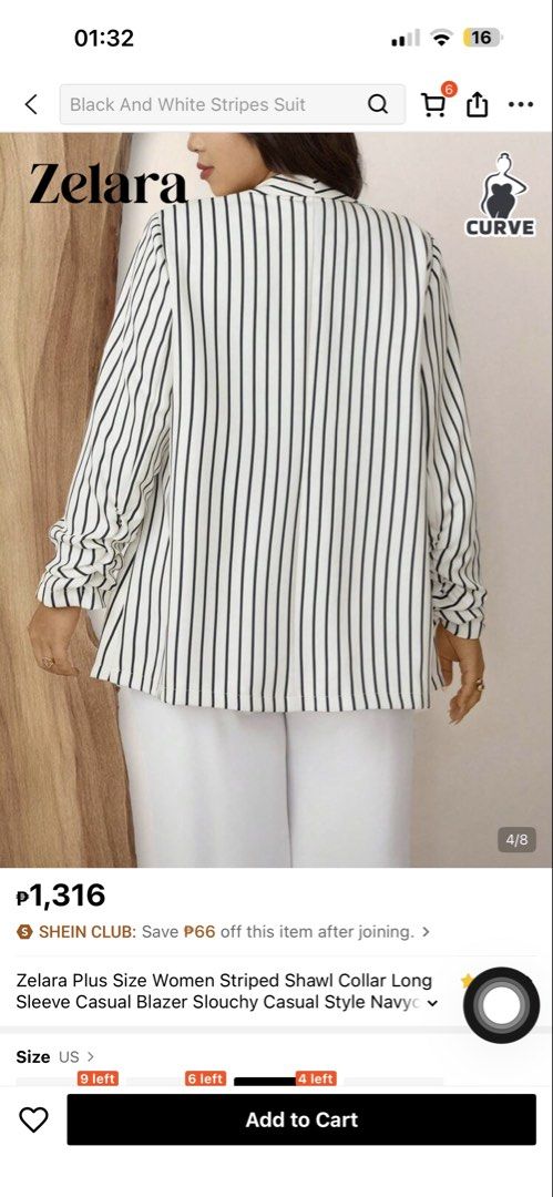 Oversized Striped Casual White Blazer 2XL (Category: Coats, Jackets and Outerwear) located in Quezon City. Submitted by mananglinette (Listing ID 1467566264, Image 2). Description: - Brand: SHEIN Curve - Size: 2XL - Color: White with black vertical stripes - Style: Open front, shawl collar, ruched sleeves, two front pockets - Fabric: Lightweight - Condition: Worn once for try-on, like new - Best for: Everyday office or smart-casual looks.