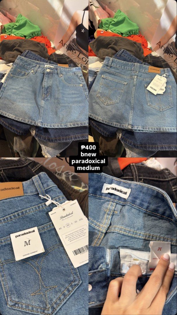 Paradoxical Denim Skirt Medium (Category: Skirts) located in Manila. Submitted by anneglopezz (Listing ID 1467393364, Image 1). Description: - Brand: Paradoxical - Size: Medium - Condition: Brand new with tags (BNWT), never worn - Color/Wash: Light blue with contrast stitching - Style: Classic five-pocket design with a brown leather-look branding patch at the back - Extra Feature: Built-in shorts underneath for added coverage and comfort.