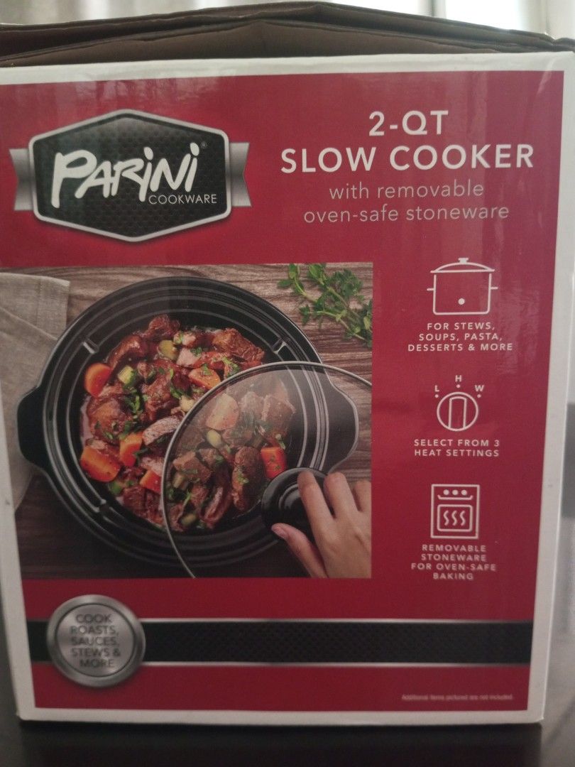 Parini 2-Quart Slow Cooker with Removable Oven-Safe Stoneware (Category: Cookers) located in Pasig City. Submitted by mark032 (Listing ID 1467367223, Image 3). Description: - Brand: Parini - Capacity: 2 quarts (ideal for small portions, dips, desserts, and everyday meals) - Finish: Stainless steel exterior with 3 heat settings - Insert: Removable black stoneware, safe for oven use - Lid: Clear glass lid included - Condition: Original box included