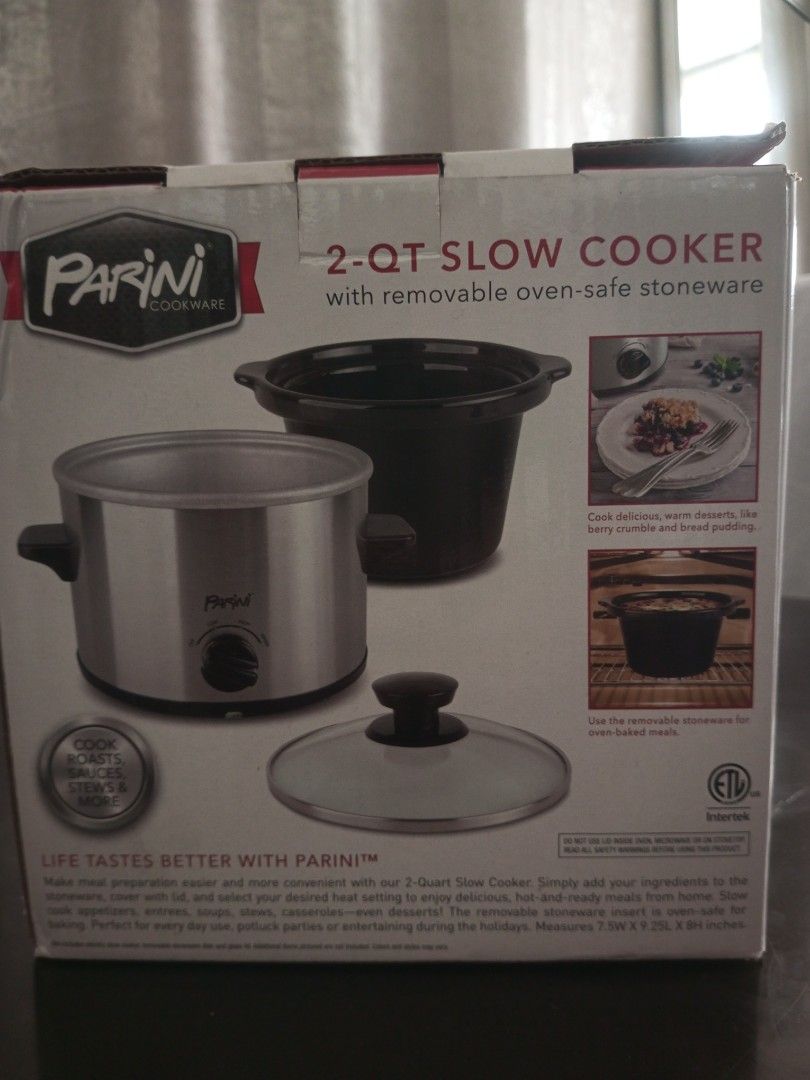 Parini 2-Quart Slow Cooker with Removable Oven-Safe Stoneware (Category: Cookers) located in Pasig City. Submitted by mark032 (Listing ID 1467367223, Image 1). Description: - Brand: Parini - Capacity: 2 quarts (ideal for small portions, dips, desserts, and everyday meals) - Finish: Stainless steel exterior with 3 heat settings - Insert: Removable black stoneware, safe for oven use - Lid: Clear glass lid included - Condition: Original box included