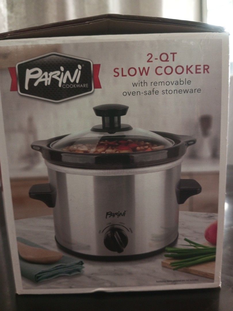 Parini 2-Quart Slow Cooker with Removable Oven-Safe Stoneware (Category: Cookers) located in Pasig City. Submitted by mark032 (Listing ID 1467367223, Image 2). Description: - Brand: Parini - Capacity: 2 quarts (ideal for small portions, dips, desserts, and everyday meals) - Finish: Stainless steel exterior with 3 heat settings - Insert: Removable black stoneware, safe for oven use - Lid: Clear glass lid included - Condition: Original box included
