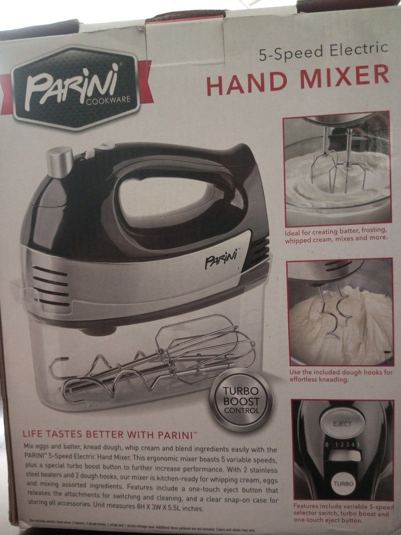 Parini 5-Speed Electric Hand Mixer 110volts (Category: Hand & Stand Mixers) located in Pasig City. Submitted by mark032 (Listing ID 1467367701, Image 3). Description: - Brand: Parini 5-Speed Electric Hand Mixer - Color: Stylish Black and Silver - Features: Ergonomic handle, turbo boost control, and one-touch eject button - Inclusions: Stainless steel beaters, dough hooks, whisk, and acrylic storage case - Perfect for: Mixing batters, whipping cre