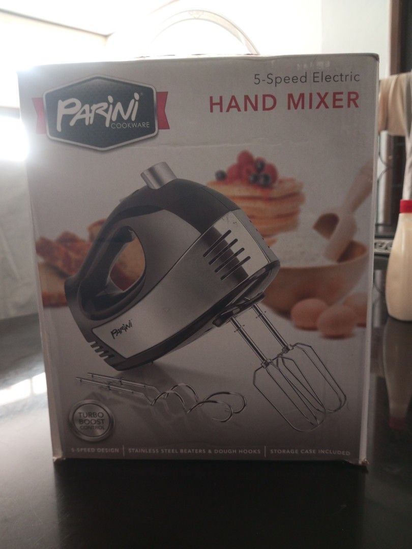 Parini 5-Speed Electric Hand Mixer 110volts (Category: Hand & Stand Mixers) located in Pasig City. Submitted by mark032 (Listing ID 1467367701, Image 1). Description: - Brand: Parini 5-Speed Electric Hand Mixer - Color: Stylish Black and Silver - Features: Ergonomic handle, turbo boost control, and one-touch eject button - Inclusions: Stainless steel beaters, dough hooks, whisk, and acrylic storage case - Perfect for: Mixing batters, whipping cre