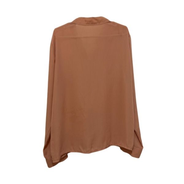 Peach Long Sleeve Pleated V-Neck Blouse (Category: Longsleeves) located in San Fernando. Submitted by lovingthings1 (Listing ID 1467391183, Image 2). Description: - Color: Peach - Style: Long sleeve blouse with V-neckline and vertical front pleating - Features: Button cuffs and tab sleeve details - Material: Lightweight and comfortable - Versatility: Perfect for classic workwear or casual pairing with jeans - Condition: Clean overall with minimal