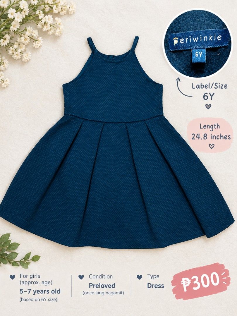 Periwinkle Blue Dress Size 6Y (Category: Babies & Kids Fashion) located in Manila. Submitted by dizonnixni94357 (Listing ID 1467448343, Image 1). Description: - Brand: Periwinkle - Color: Solid Blue - Size: Fits girls 5 to 7 years old - Length: 24.8 inches - Style: Sleeveless, structured skater skirt with pleats, round neckline, back button closure - Condition: Worn only once, clean and well-kept.