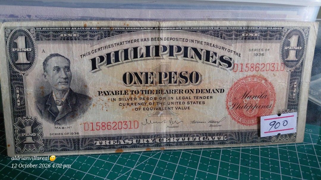 Philippines 1936 One Peso Treasury Certificate Mabini (Category: Currency) located in Angono. Submitted by aldrianvillareal28 (Listing ID 1467440393, Image 1). Description: - Item: 1936 One Peso Treasury Certificate - Era: Philippine Commonwealth Period - Features: Apolinario Mabini portrait & red Manila seal - Serial Number: D15862031D (Red print) - Condition: Collectible historical paper currency - Shipping: Fast ship-out, well-packaged for pro